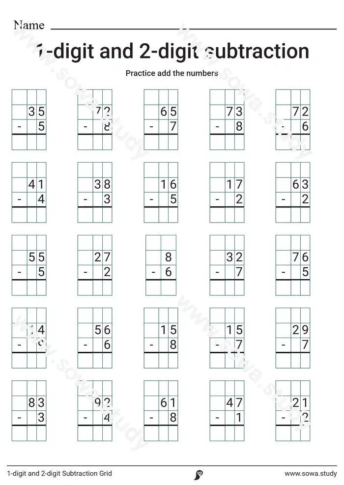 1-digit and 2-digit Subtraction Grid worksheet