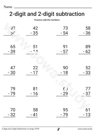 2-digit and 2-digit Subtraction in range 10-99