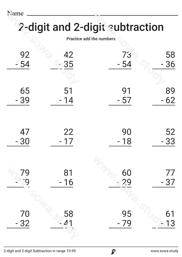 2-digit and 2-digit Subtraction in range 10-99 2-digit and 2-digit Subtraction in range 10-99 worksheet