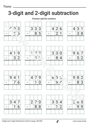 3-digit and 2-digit Subtraction Grid  in range 100-999