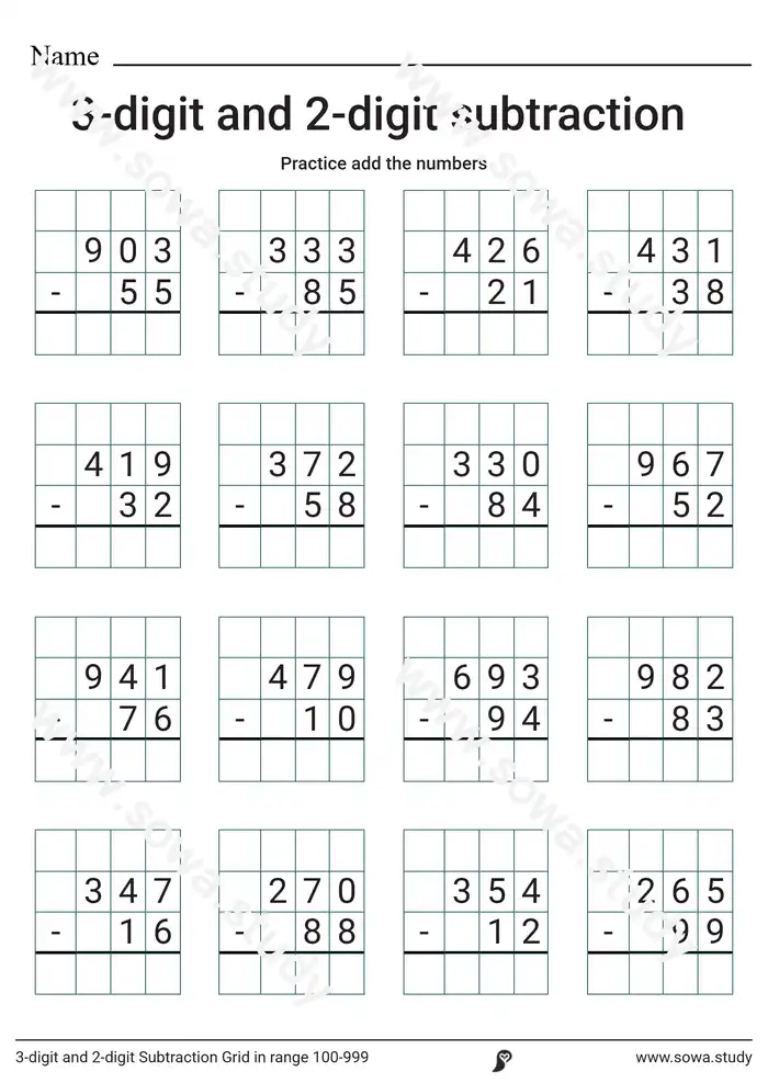 3-digit and 2-digit Subtraction Grid in range 100-999 3-digit and 2-digit Subtraction Grid in range 100-999 worksheet