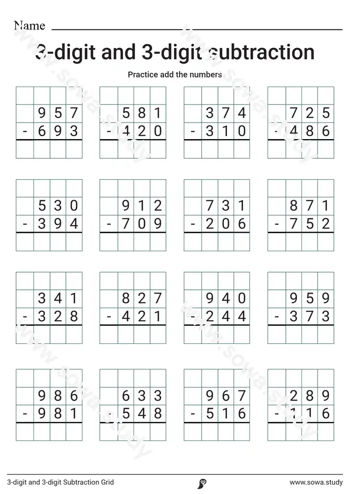 3-digit and 3-digit Subtraction Grid worksheet