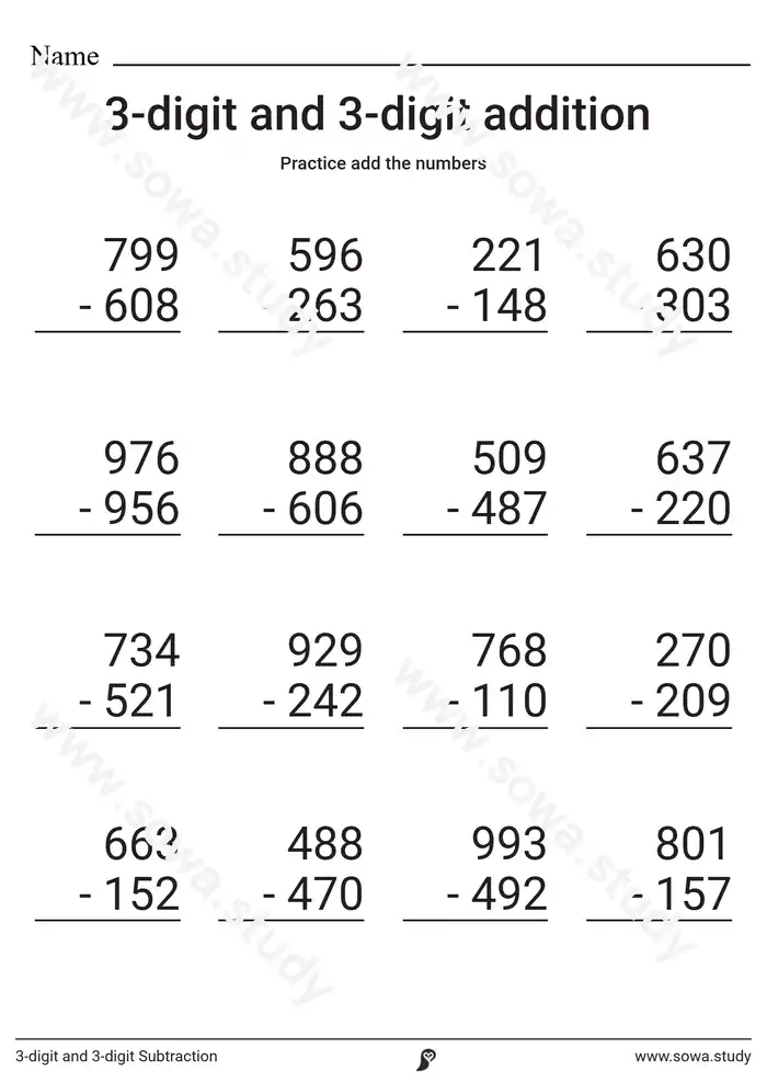3-digit and 3-digit Subtraction worksheet