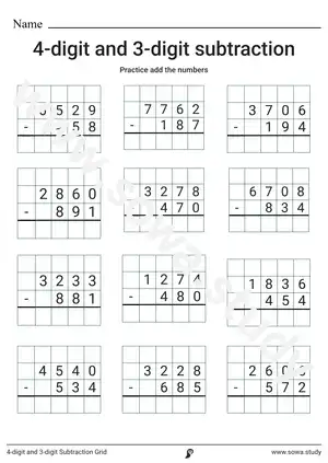 4-digit and 3-digit Subtraction Grid