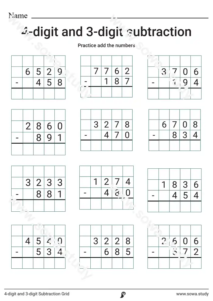 4-digit and 3-digit Subtraction Grid worksheet