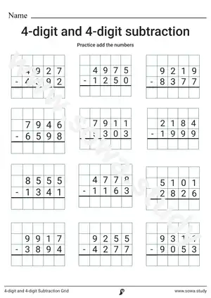 4-digit and 4-digit Subtraction Grid