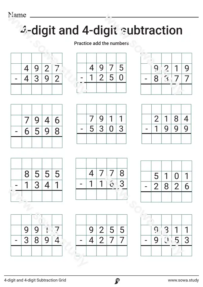 4-digit and 4-digit Subtraction Grid 4-digit and 4-digit Subtraction Grid worksheet