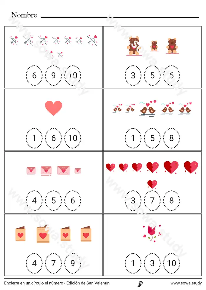 Encierra en un círculo el número - Edición de San Valentín Encierra en un círculo el número - Edición de San Valentín worksheet
