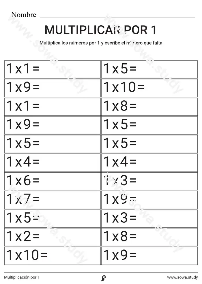 Multiplicación por 1 worksheet