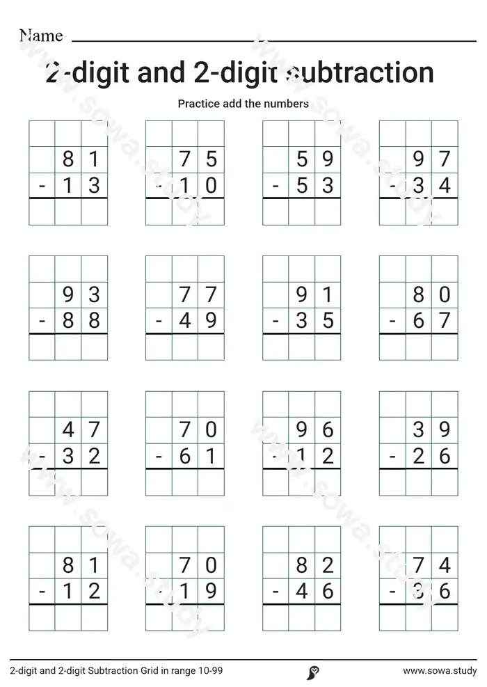 2-digit and 2-digit Subtraction Grid in range 10-99 2-digit and 2-digit Subtraction Grid in range 10-99 worksheet