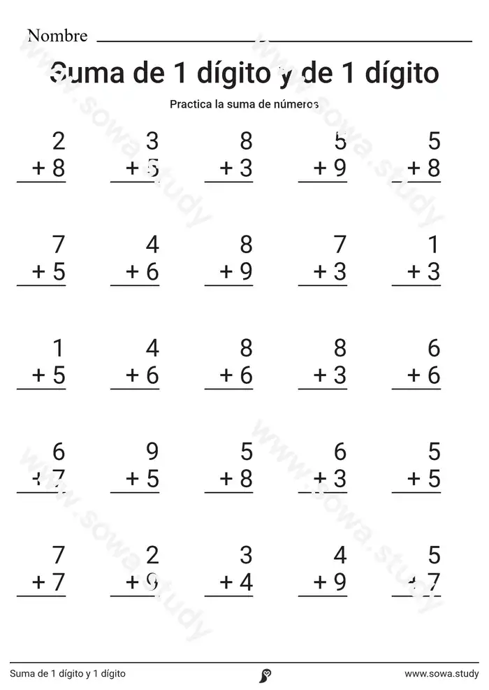 Suma de 1 dígito y 1 dígito Suma de 1 dígito y 1 dígito worksheet