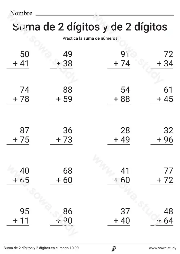 Suma de 2 dígitos y 2 dígitos en el rango 10-99 Suma de 2 dígitos y 2 dígitos en el rango 10-99 worksheet