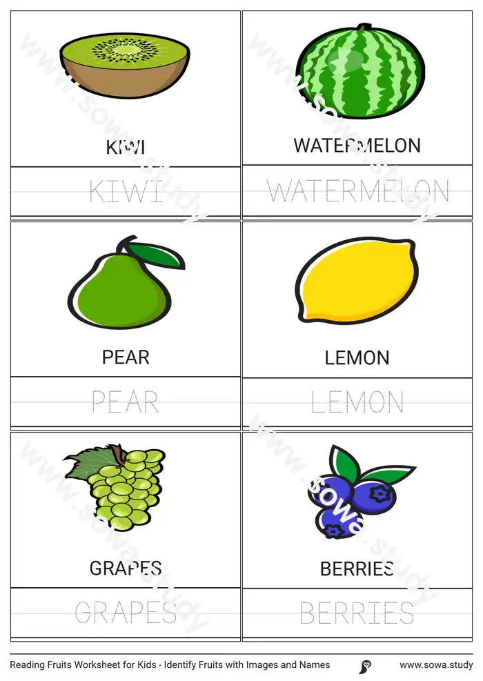 Reading Fruits Worksheet for Kids - Identify Fruits with Images and Names worksheet