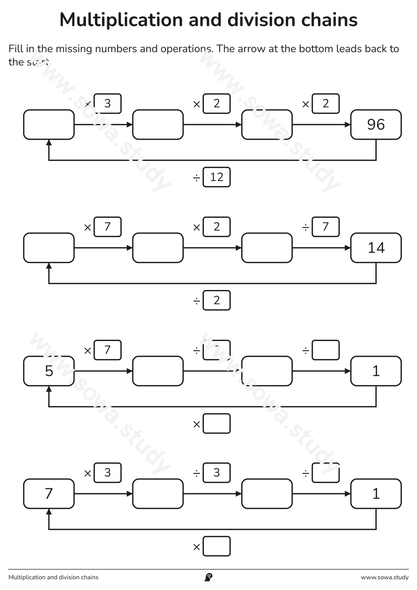 Multiplication and division chains – printable worksheet