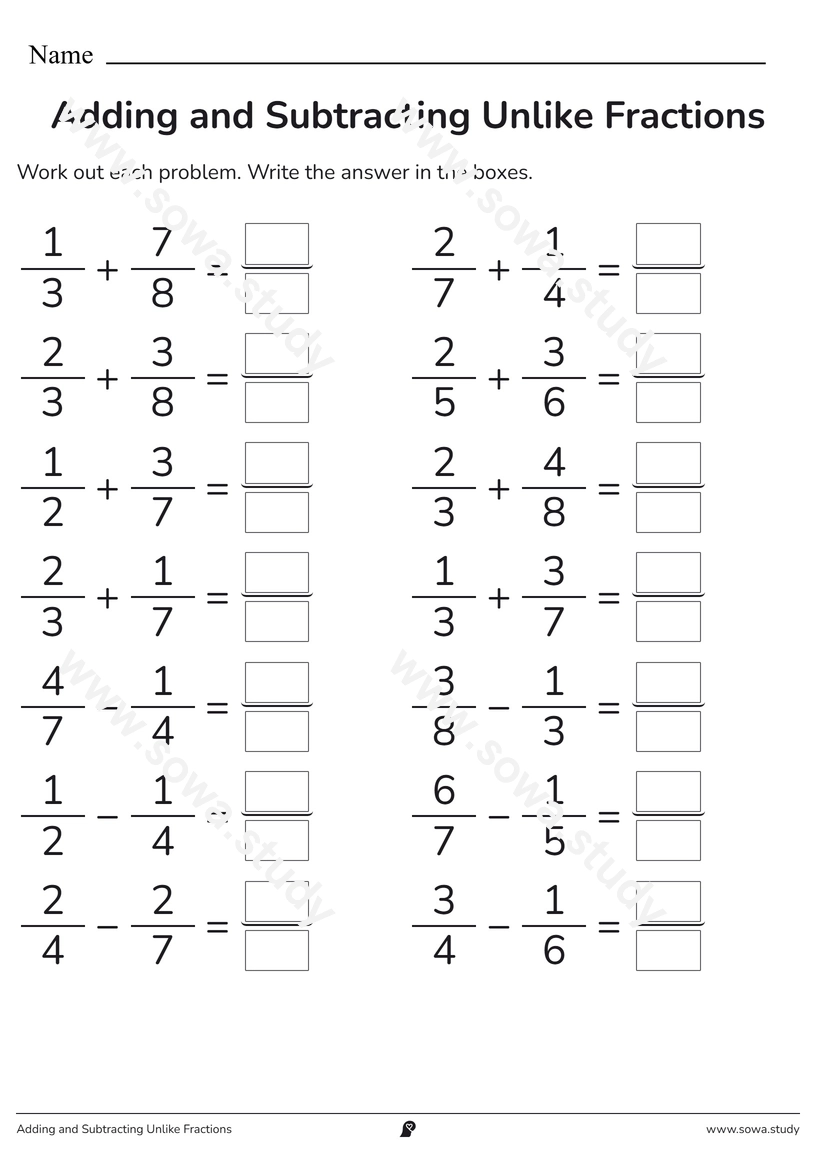 Adding and Subtracting Unlike Fractions – printable worksheet