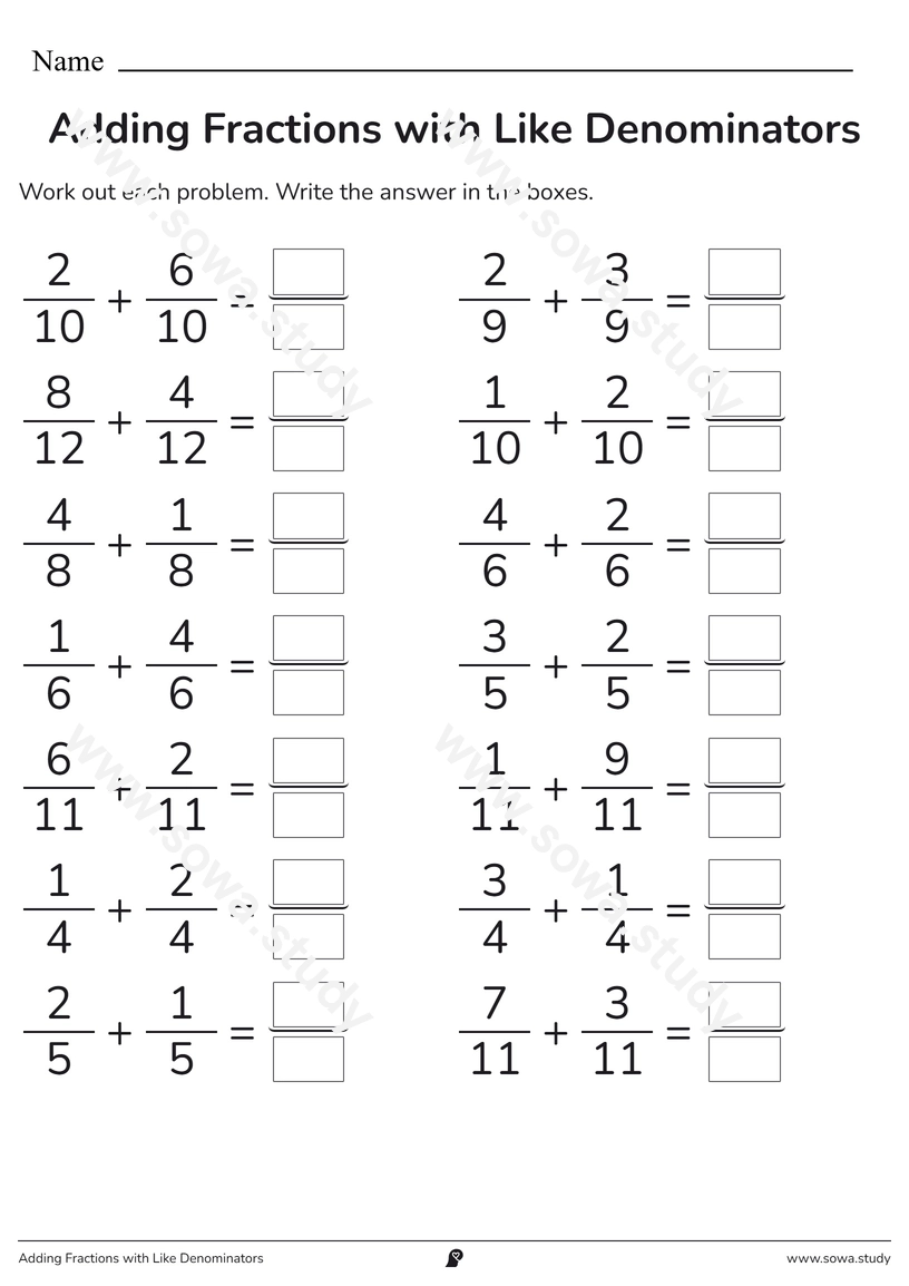 Adding Fractions with Like Denominators – printable worksheet