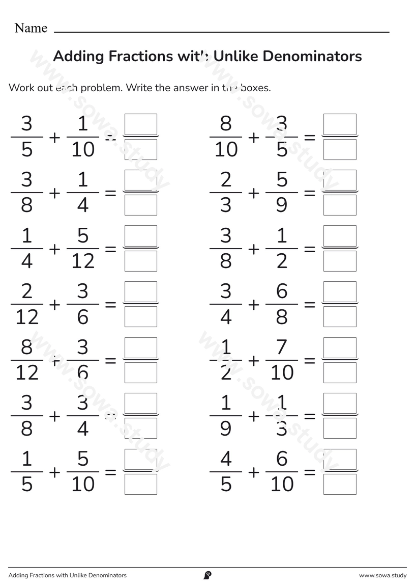 Adding Fractions with Unlike Denominators – printable worksheet