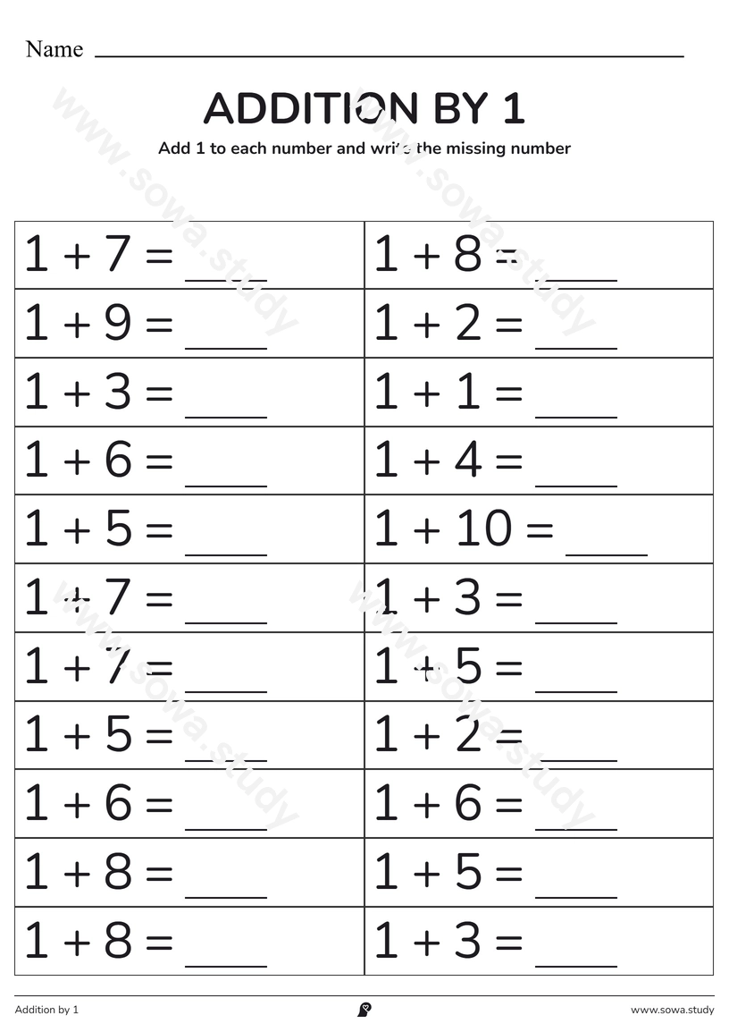 Addition by 1: Fill in the Blanks – printable worksheet