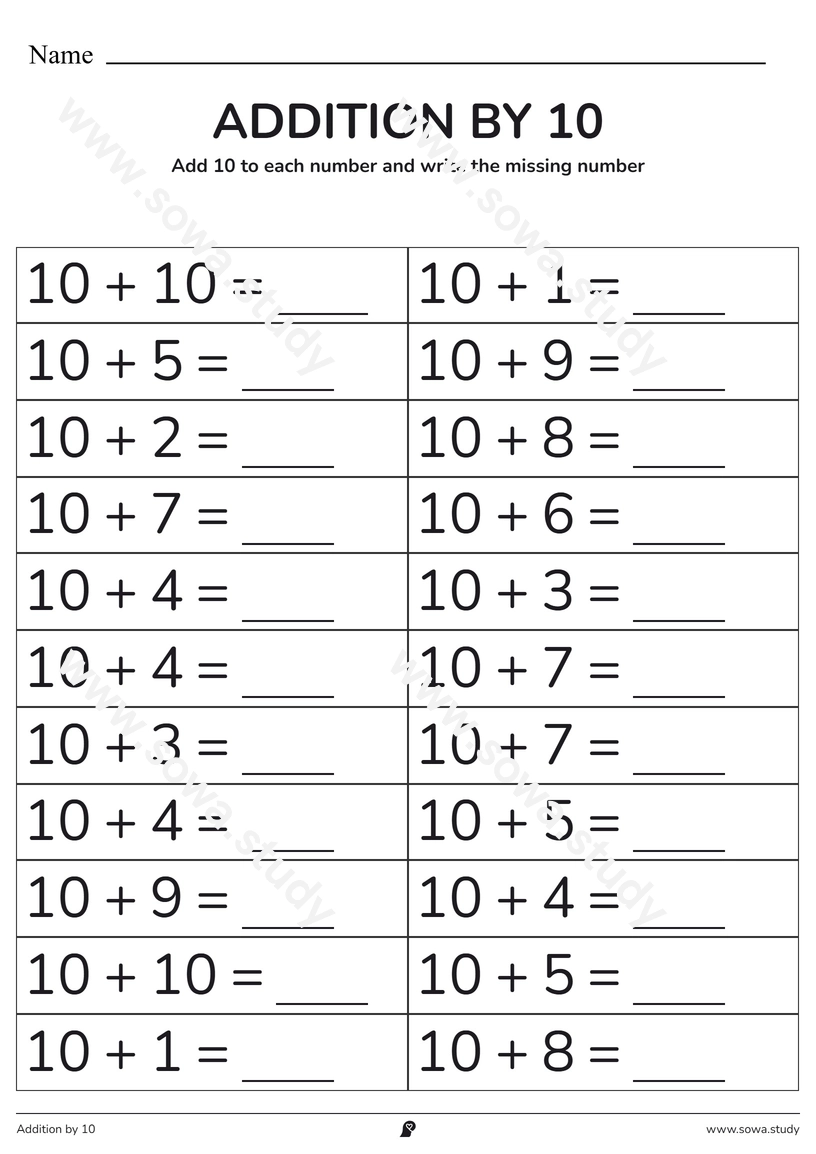 Addition by 10: Fill in the Blanks – printable worksheet