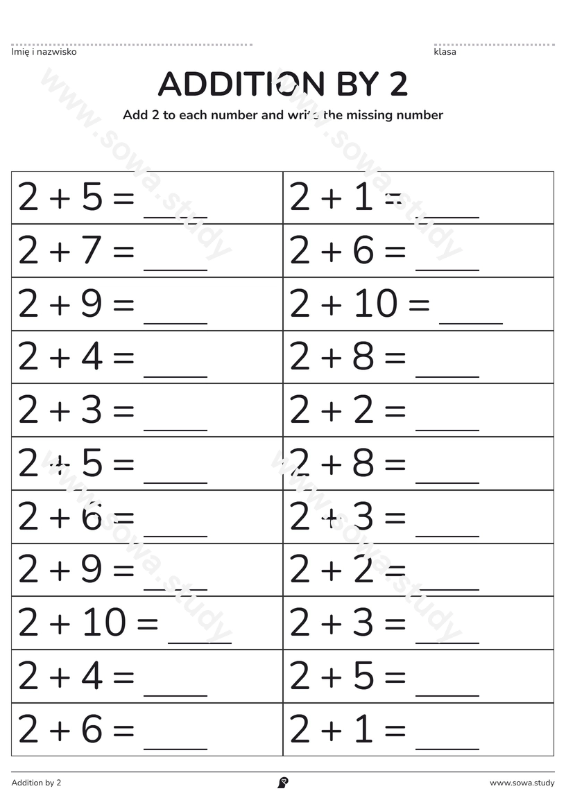 Addition by 2: Fill in the Blanks – printable worksheet