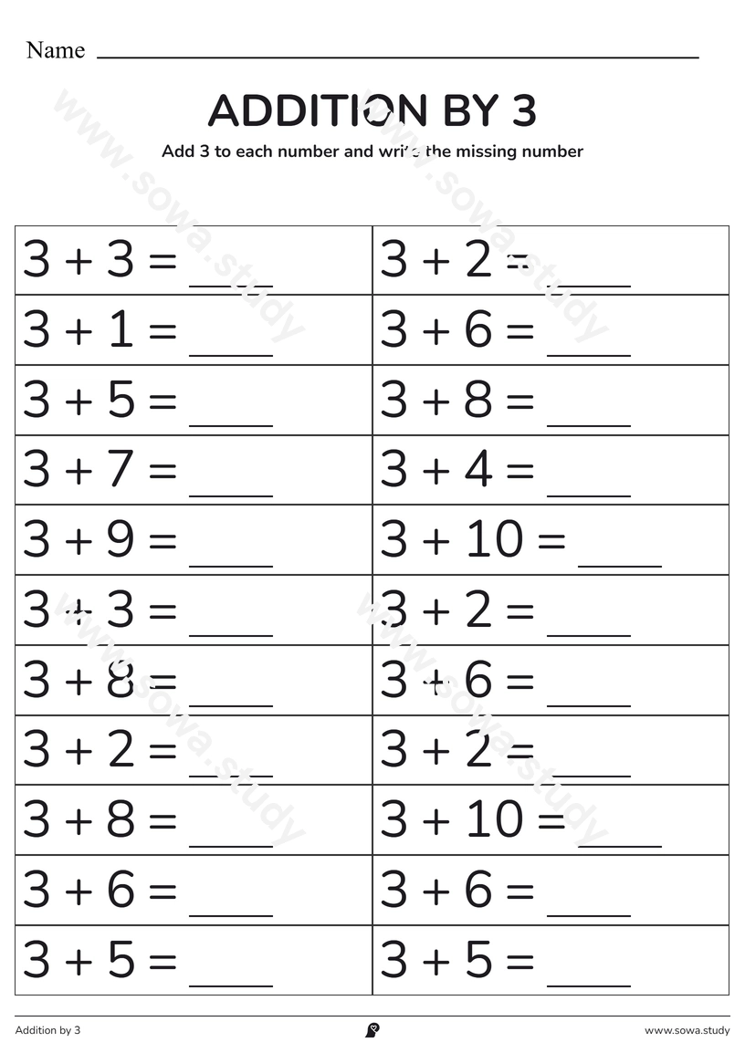 Addition by 3: Fill in the Blanks – printable worksheet