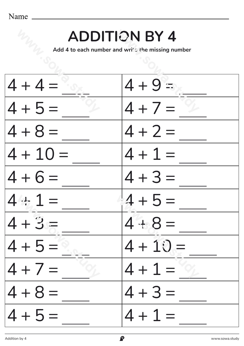 Addition by 4: Fill in the Blanks – printable worksheet