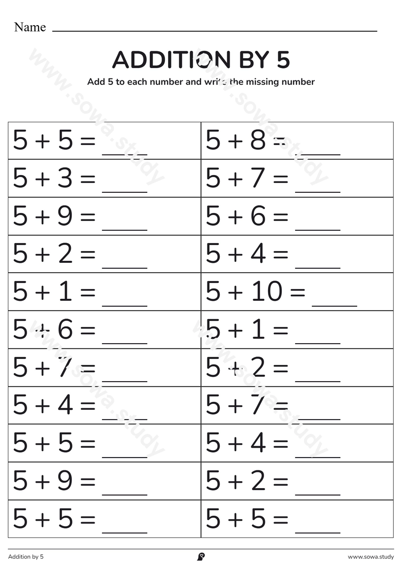 Addition by 5: Fill in the Blanks – printable worksheet