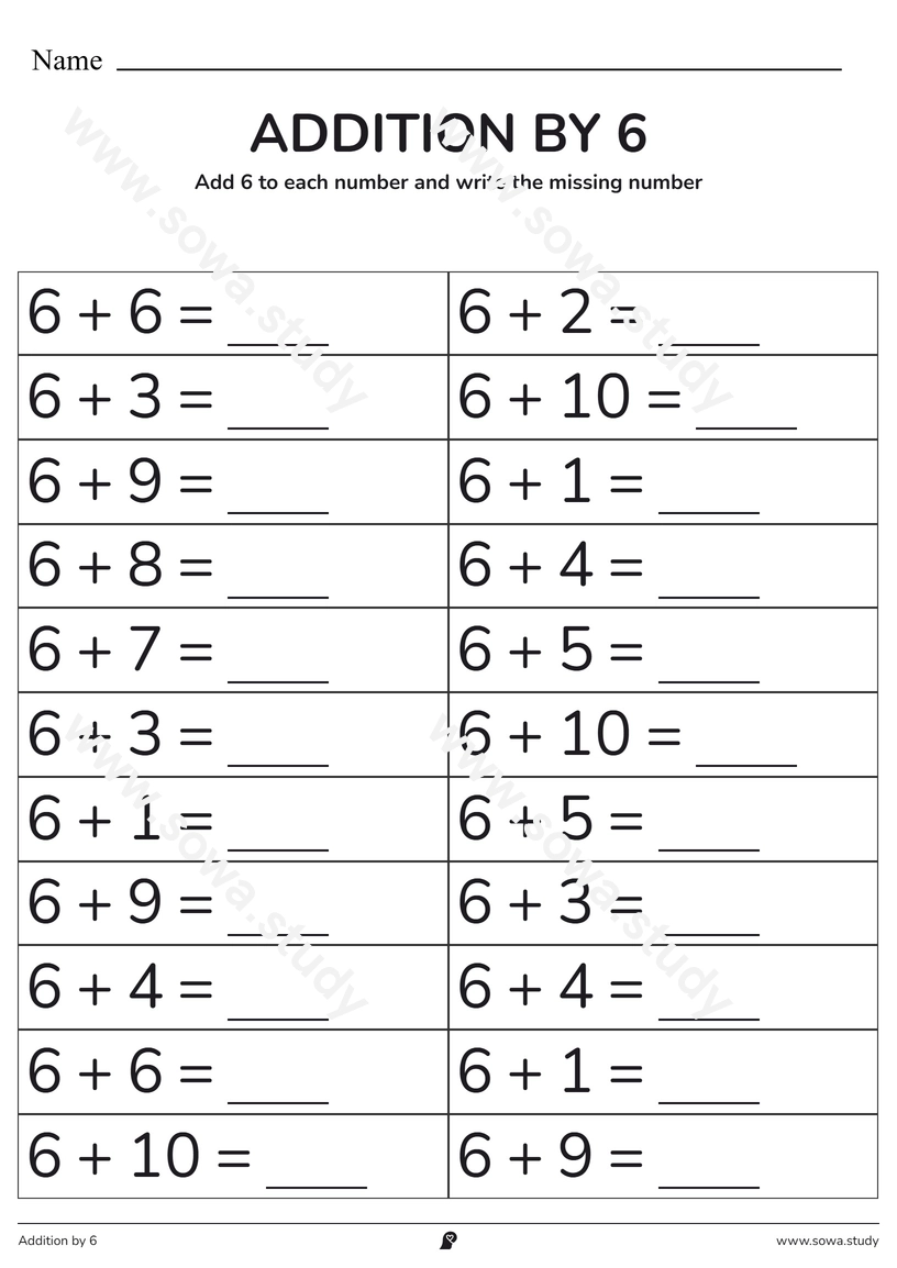 Addition by 6: Fill in the Blanks – printable worksheet