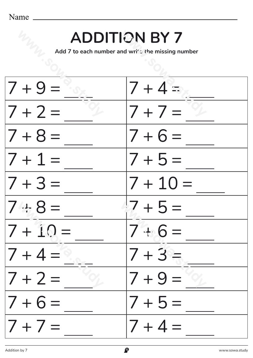 Addition by 7: Fill in the Blanks – printable worksheet