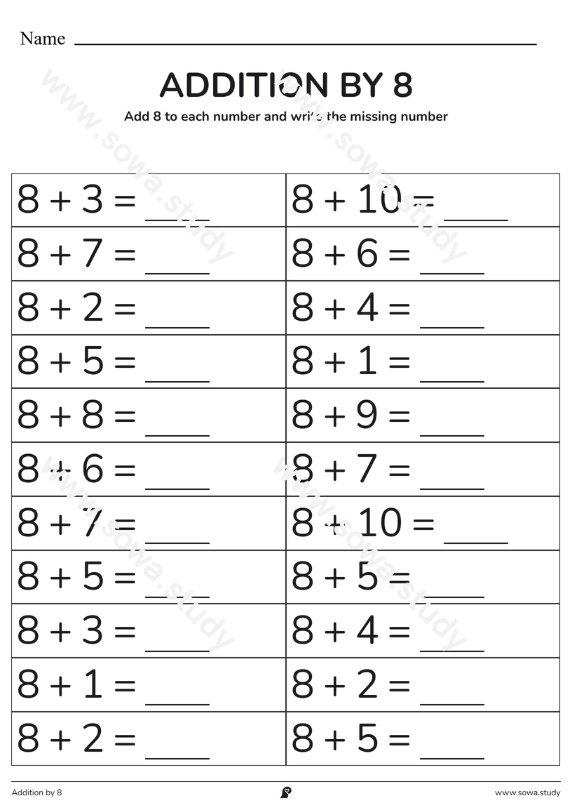 Addition by 8: Fill in the Blanks – printable worksheet