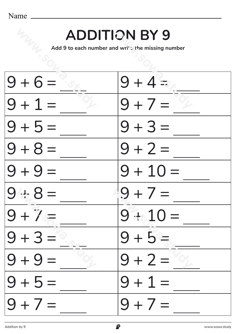 Addition by 9: Fill in the Blanks – printable worksheet