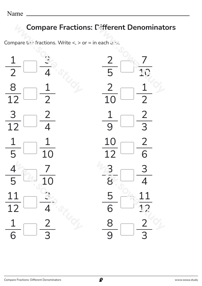 Compare Fractions: Different Denominators – printable worksheet