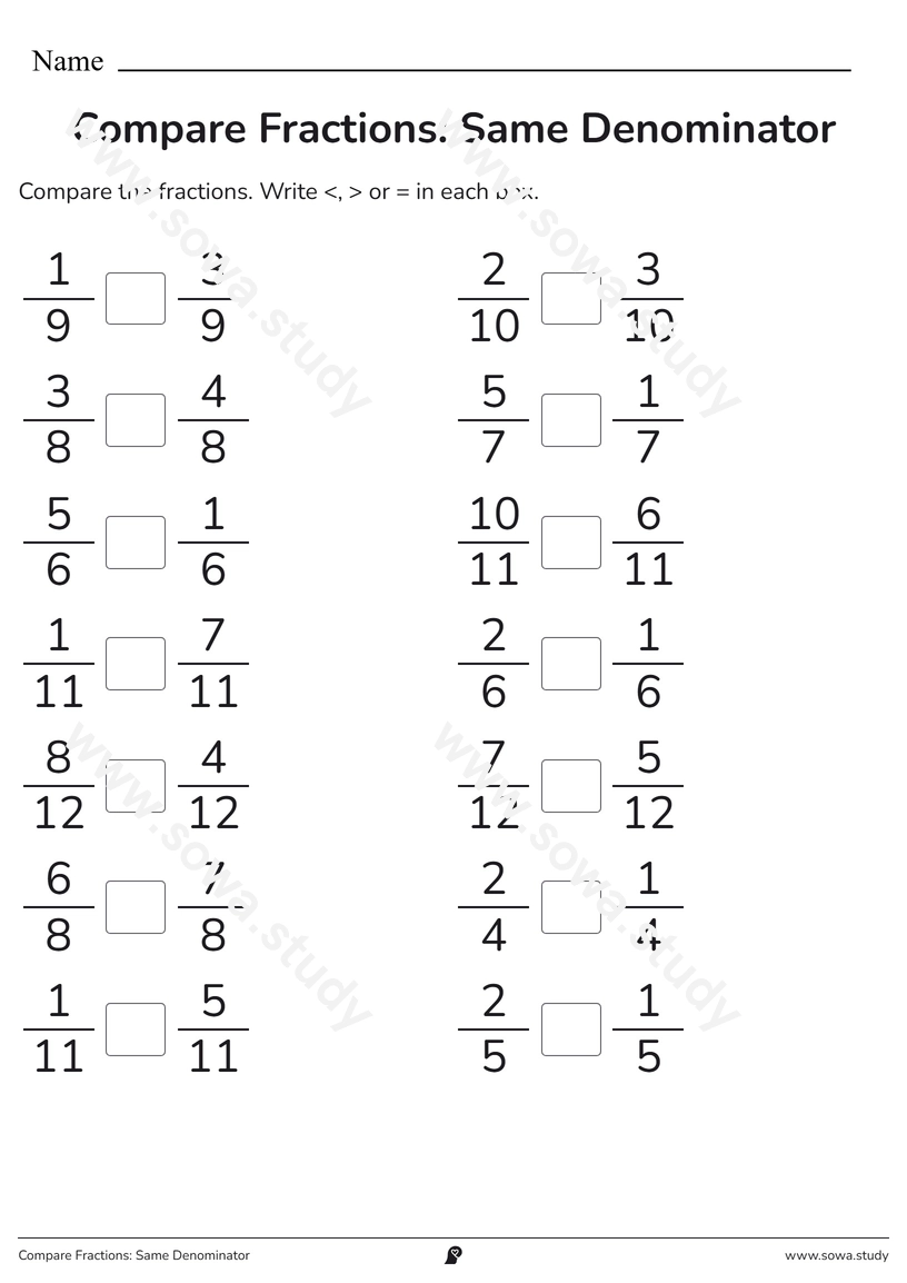 Compare Fractions: Same Denominator – printable worksheet