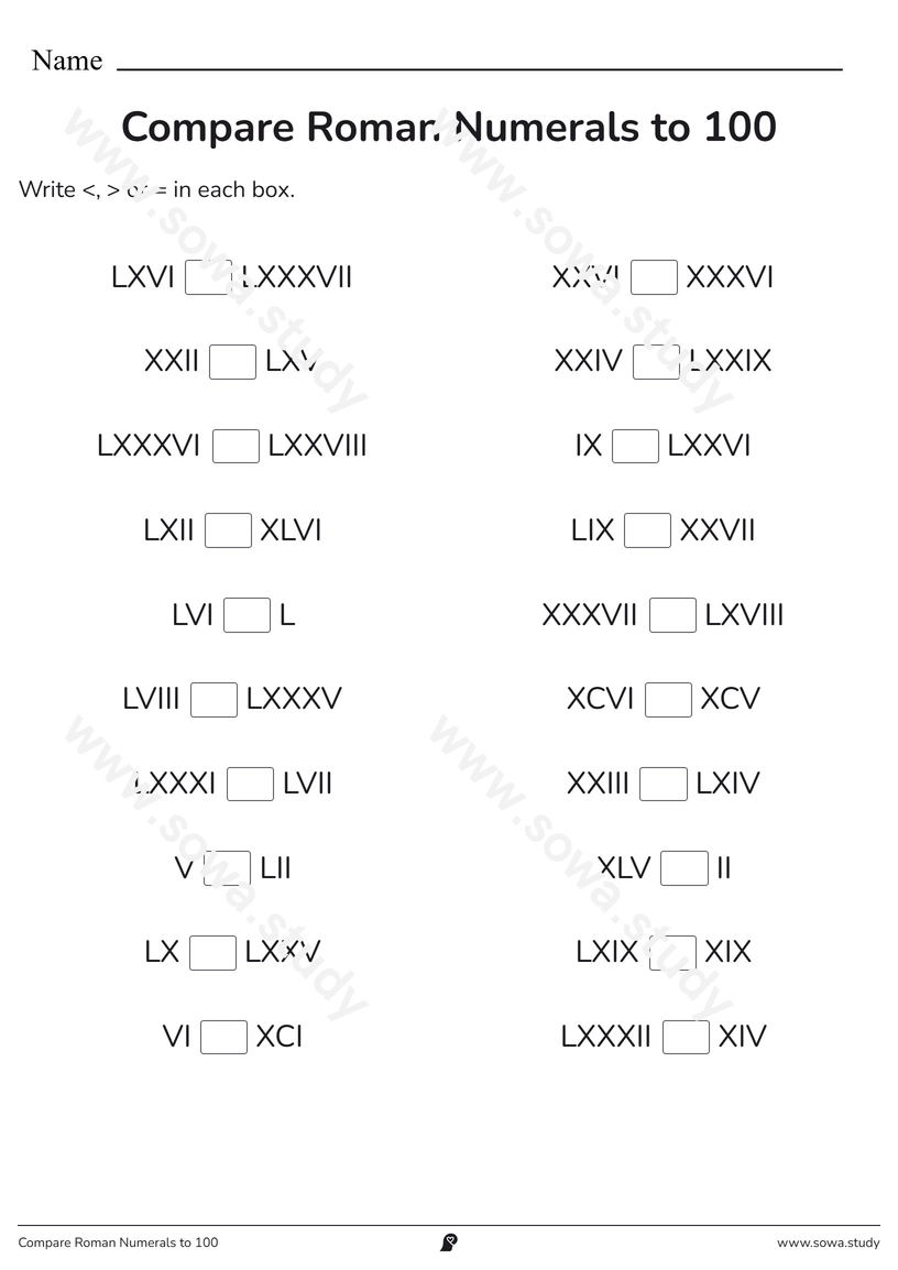Compare Roman Numerals to 100 – printable worksheet
