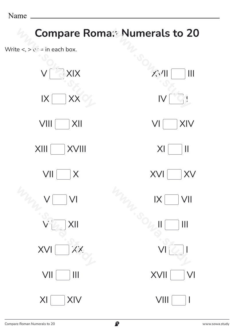 Compare Roman Numerals to 20 – printable worksheet