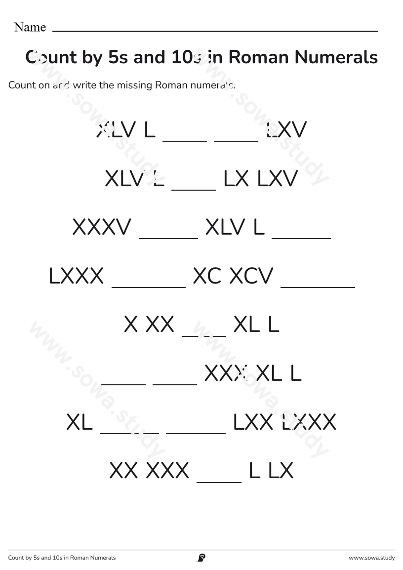 Count by 5s and 10s in Roman Numerals – printable worksheet