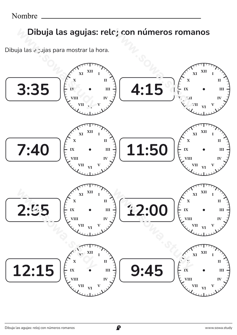 Dibuja las agujas: reloj con números romanos – ficha para imprimir