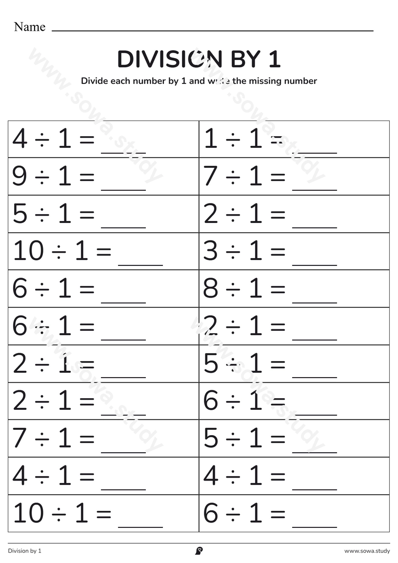Division by 1: Fill in the Blanks – printable worksheet