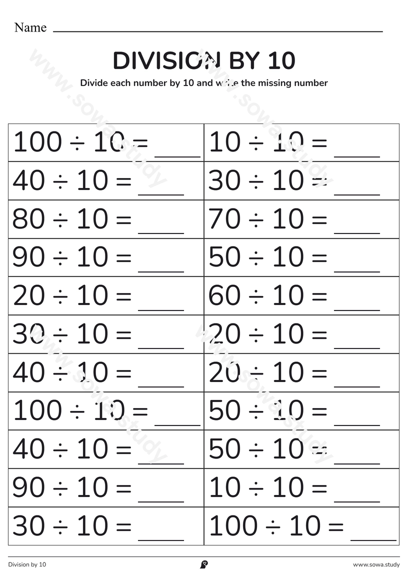 Division by 10: Fill in the Blanks – printable worksheet