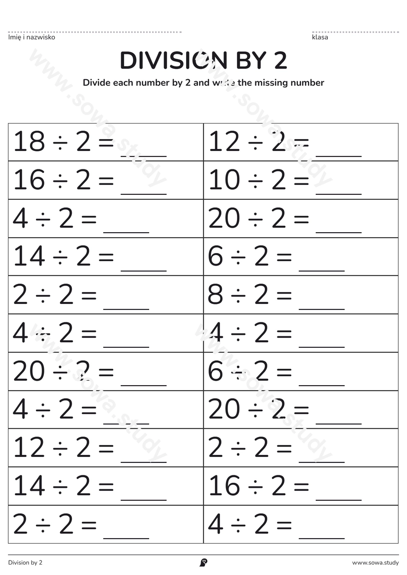 Division by 2: Fill in the Blanks – printable worksheet