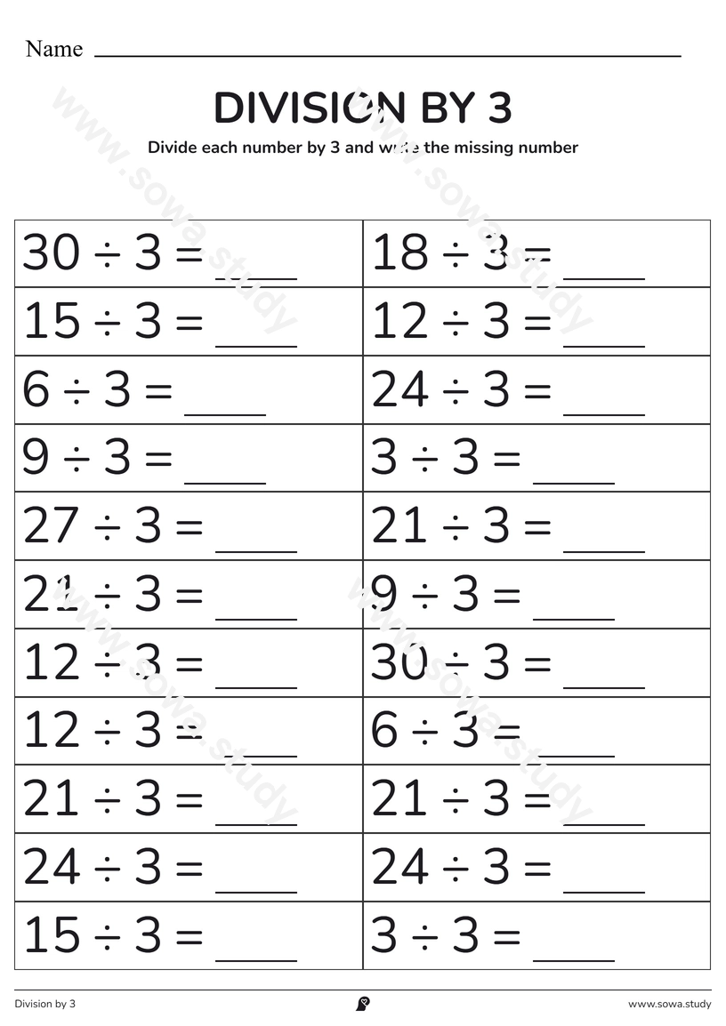 Division by 3: Fill in the Blanks – printable worksheet