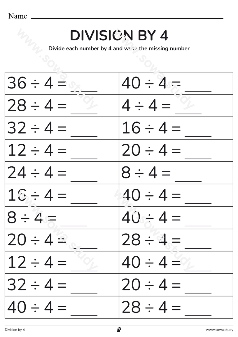 Division by 4: Fill in the Blanks – printable worksheet