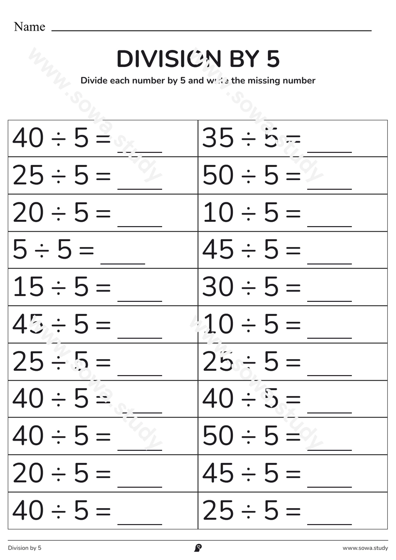 Division by 5: Fill in the Blanks – printable worksheet