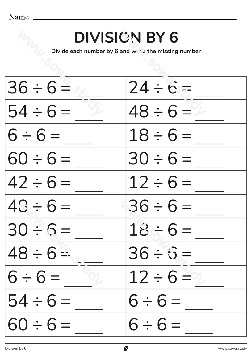 Division by 6: Fill in the Blanks – printable worksheet