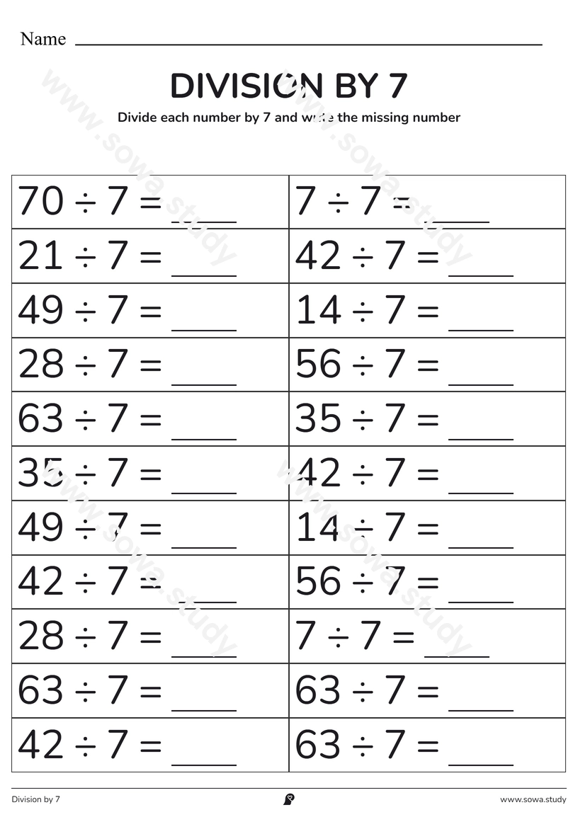 Division by 7: Fill in the Blanks – printable worksheet