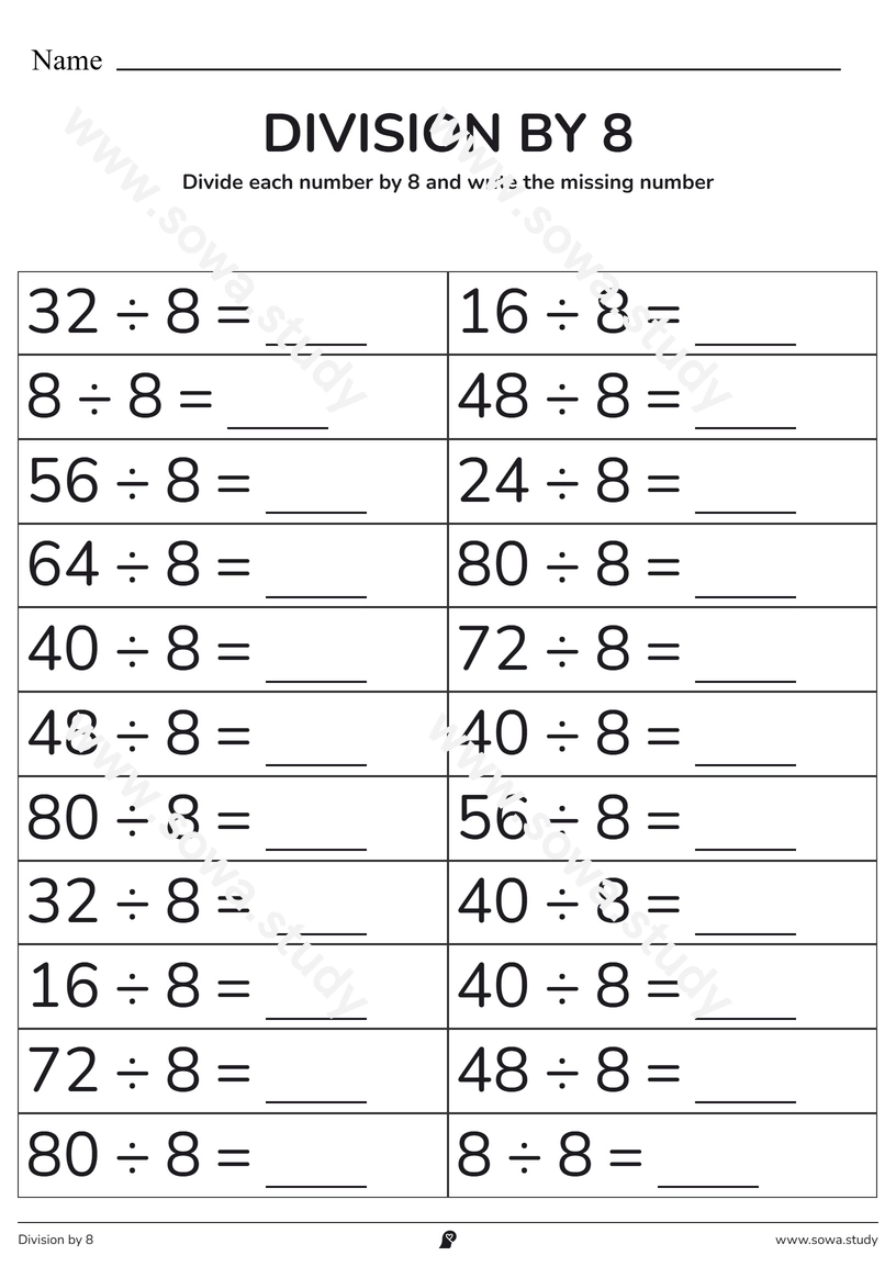 Division by 8: Fill in the Blanks – printable worksheet