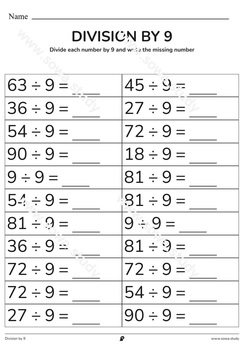 Division by 9: Fill in the Blanks – printable worksheet