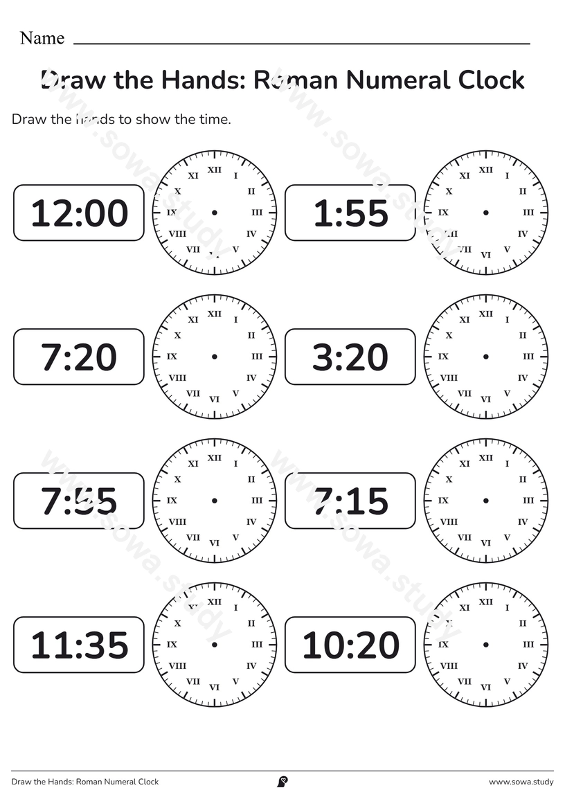 Draw the Hands: Roman Numeral Clock – printable worksheet