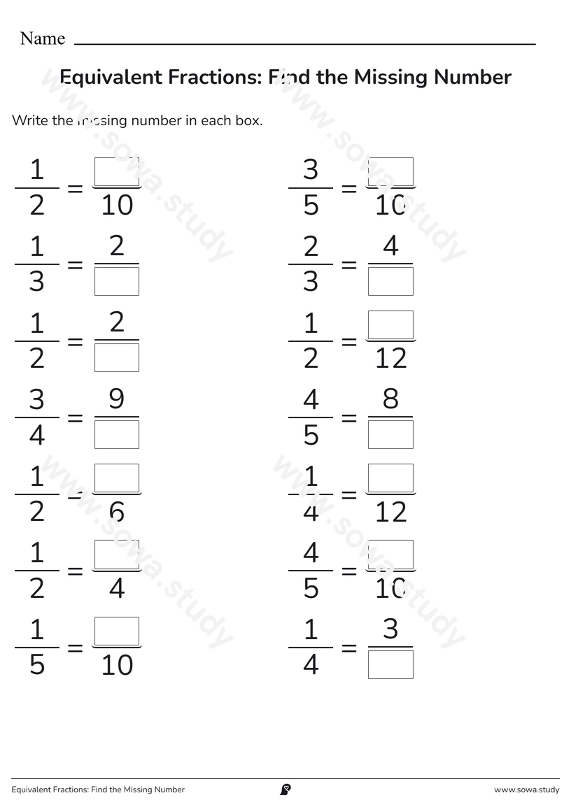 Equivalent Fractions: Find the Missing Number – printable worksheet