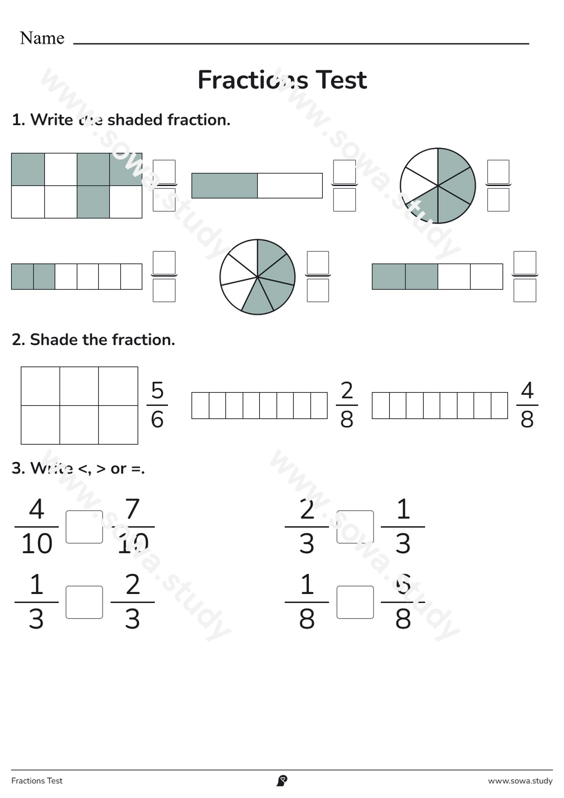 Fractions Test – printable worksheet